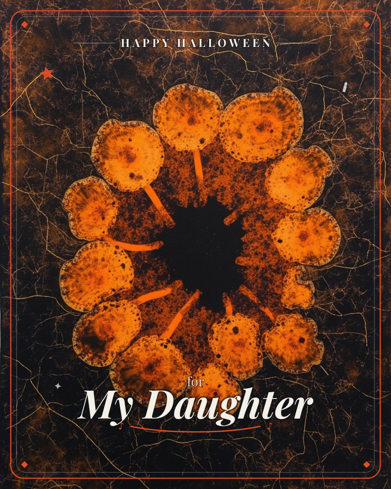 A ring of glowing orange mushroom caps forms a circular pattern against a cracked, charred black background, radiating outward like a burst of embers, a halloween e-card design
