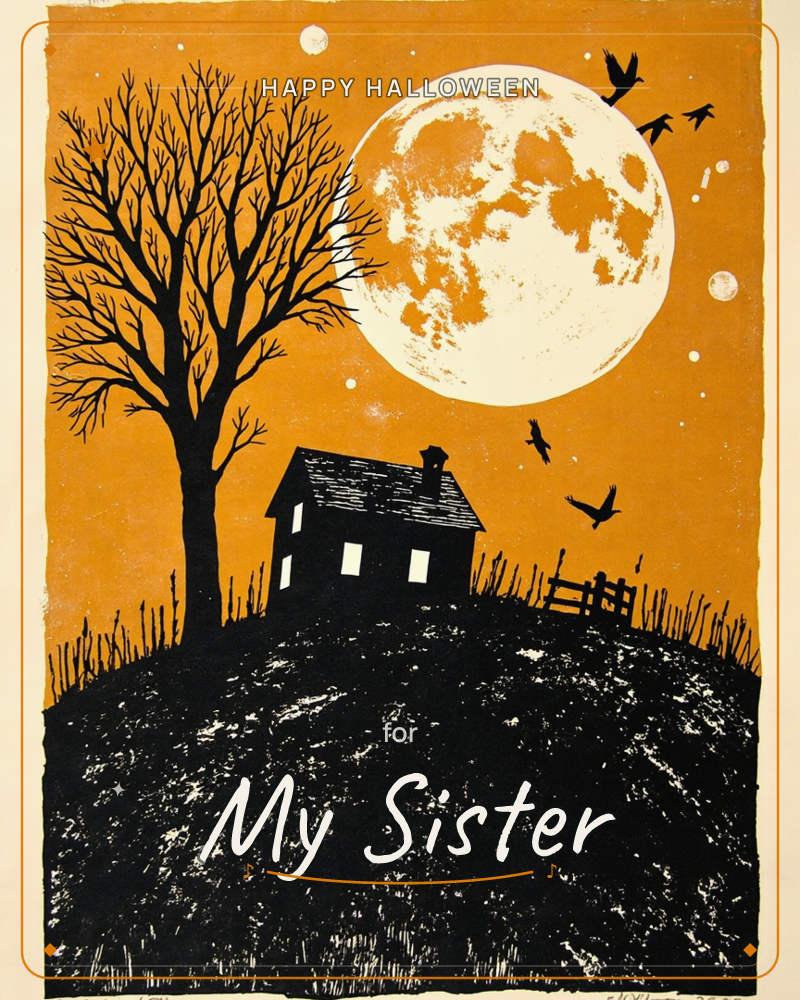 A black silhouetted house sits atop a bare hill beneath an enormous glowing moon, its windows lit against the deep burnt-orange sky, a halloween e-card design