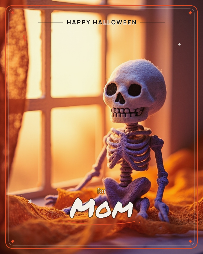 A small felt skeleton sits cross-legged on a windowsill draped in orange gauzy netting, backlit by warm golden light streaming through a paned window, a halloween e-card design
