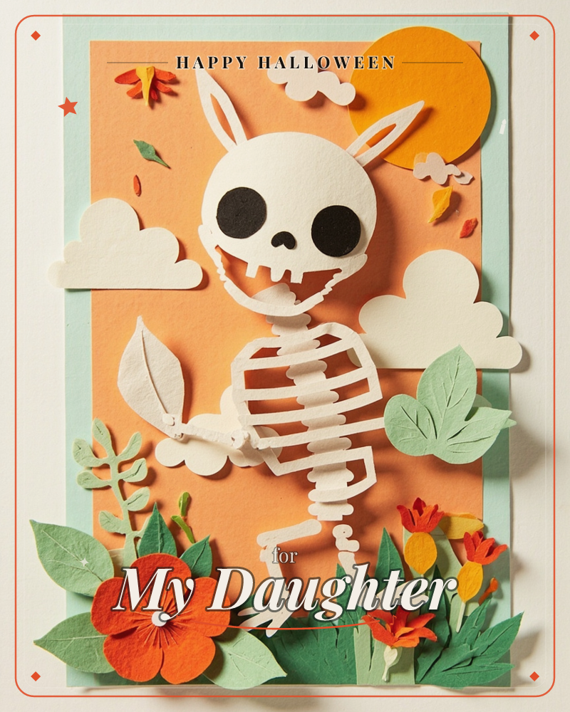 A paper-craft rabbit skeleton grins beneath an orange sun, its bunny ears and skull-face rendered in cut white paper with black button eyes, a halloween e-card design