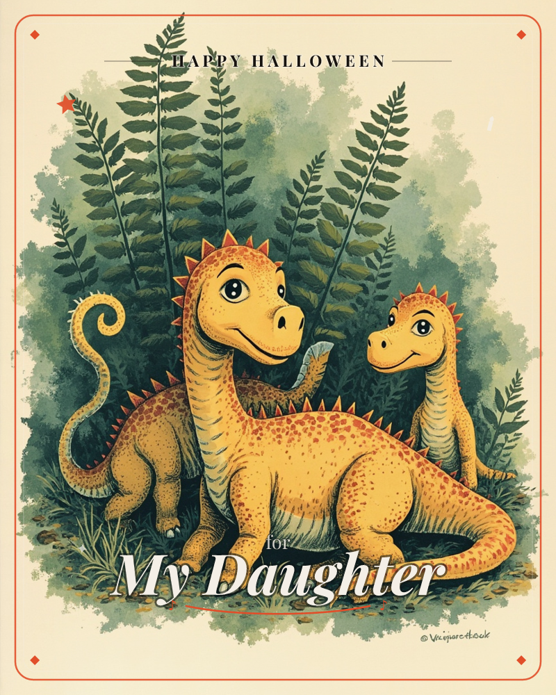 Two spiky-backed, long-necked dinosaurs in mustard yellow with orange spots stand together among tall fern fronds and mossy green foliage, a halloween e-card design