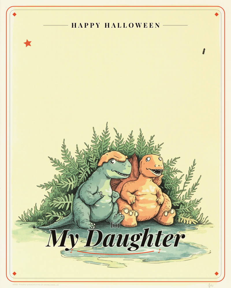Two round, smiling dinosaurs sit side by side against a backdrop of feathery ferns, their reflections rippling in a shallow pool at their feet, a halloween e-card design