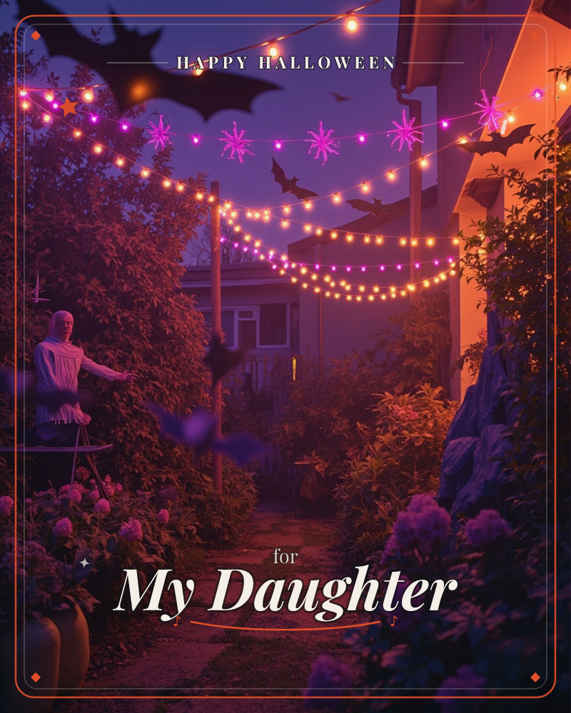 A garden path glows at dusk beneath strings of warm fairy lights and pink starburst lanterns, with paper bat silhouettes strung overhead, a halloween e-card design