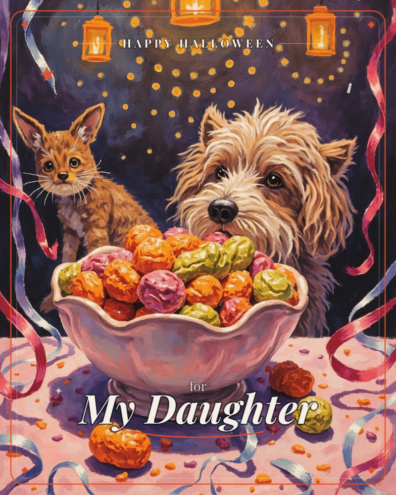 A shaggy terrier and a curious kitten peer over a scalloped bowl piled high with foil-wrapped sweets, set on a pink tablecloth strewn with streamers, a halloween e-card design