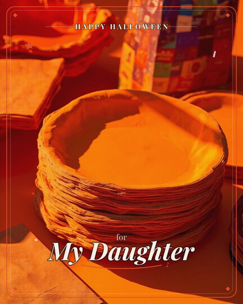 A stack of paper party plates and folded napkins sits bathed entirely in deep orange light, with a colourful gift bag blurred in the background, a halloween e-card design