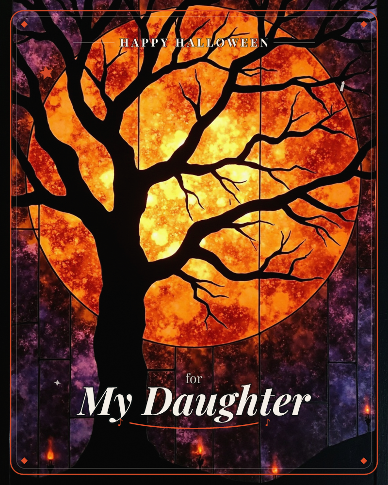 A bare, gnarled tree stands in silhouette against a huge fiery orange moon, its branches spreading like cracks across the glowing disc, a halloween e-card design