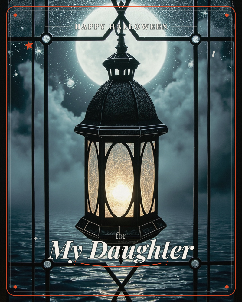 A dark iron lantern hangs from a leaded-glass window frame, its warm crackled-glass glow set against a huge full moon and drifting night clouds over a…, a halloween e-card design
