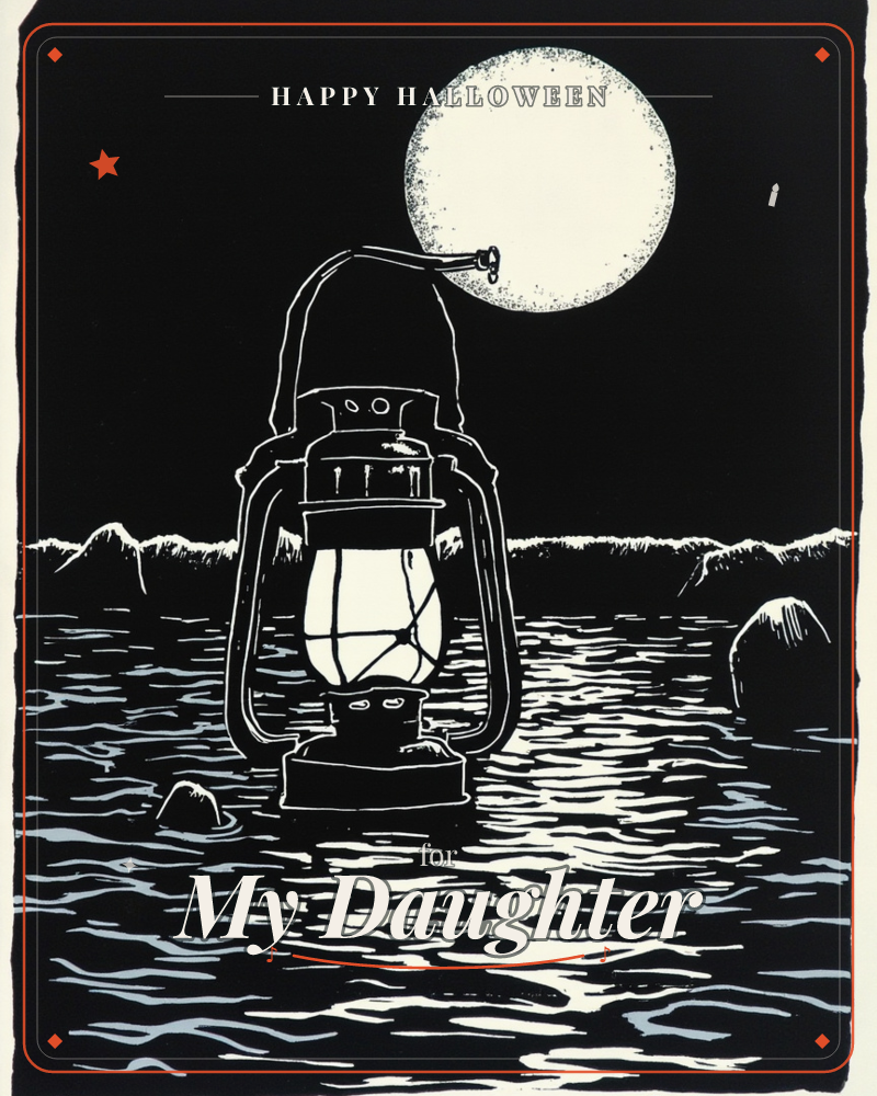 A woodcut-style print shows an old hurricane lantern standing in dark rippling water beneath a full moon, its glow reflecting in scratchy white lines…, a halloween e-card design