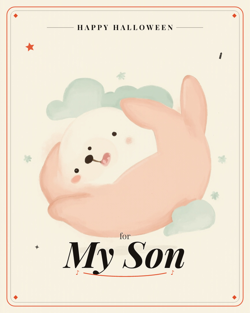 A round, pudgy cartoon creature curls its long peach-coloured limbs completely around itself in a self-hug, tongue poking out in a silly grin, a halloween e-card design
