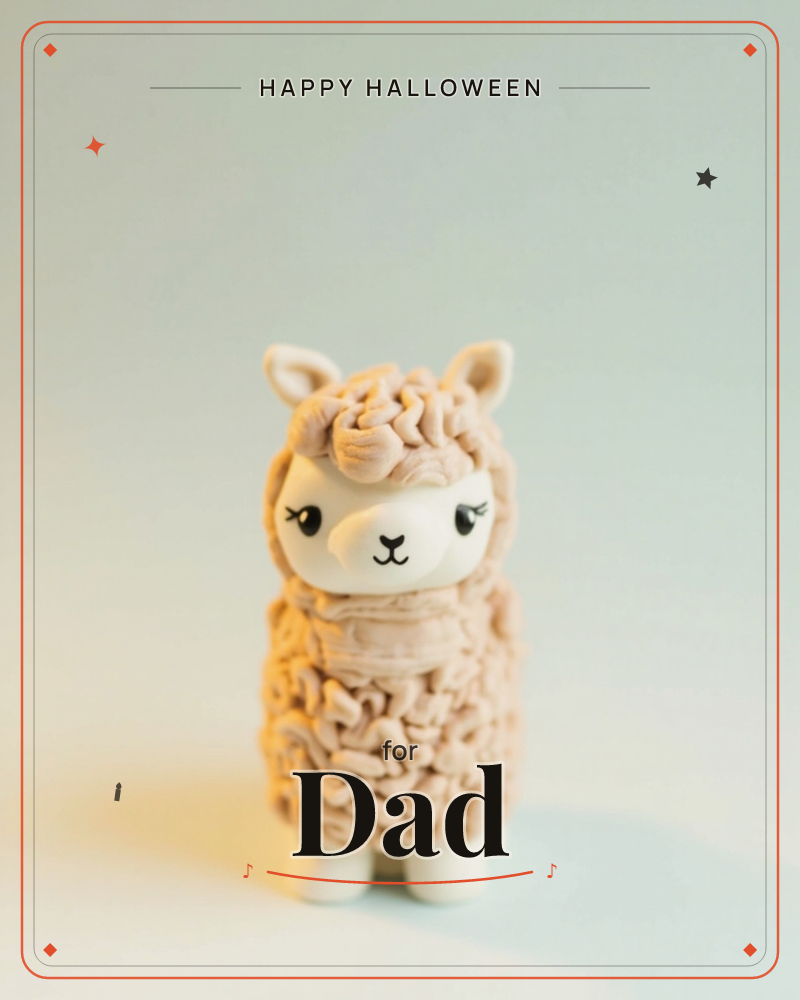 A tiny sculpted alpaca figurine stands alone against a soft, pale gradient backdrop, its coat rendered in textured curls of tan clay, a halloween e-card design