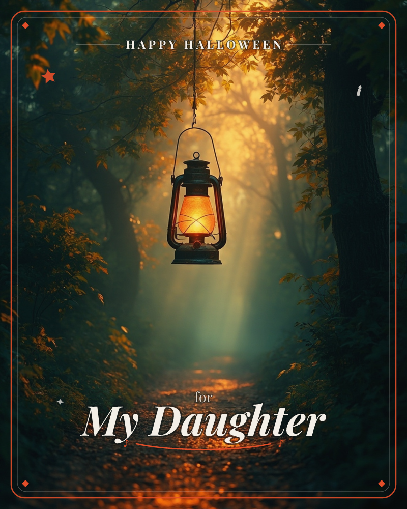 An old-fashioned lantern hangs from an unseen branch, glowing amber against a misty, darkened forest path, a halloween e-card design