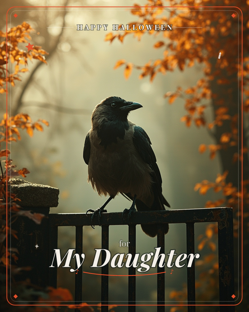 A hooded crow perches on an old iron gate, its beak parted mid-call, silhouetted against a misty autumn forest glowing with amber light, a halloween e-card design