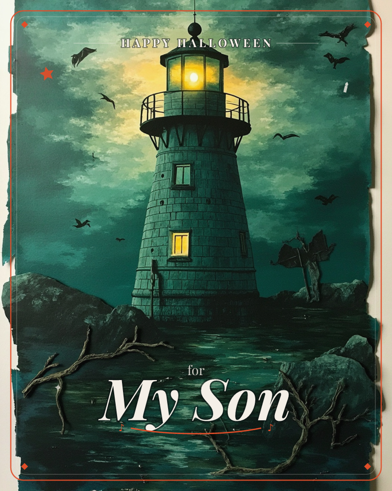 A stone lighthouse glows against a swirling teal-green night sky, its lamp burning gold amid drifting clouds and circling bats, a halloween e-card design