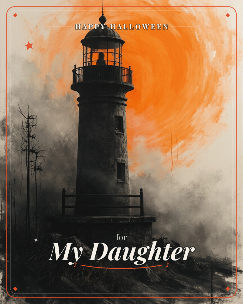 A weathered stone lighthouse stands on a rocky rise, its dark silhouette set against a swirling burnt-orange sun that fills the sky behind it, a halloween e-card design