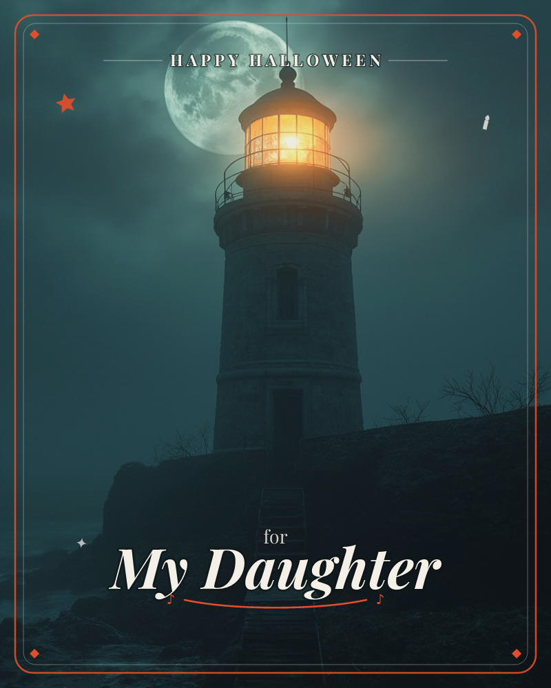 A stone lighthouse stands on a dark cliff edge with a full moon rising just behind its lantern room, the glass glowing amber against the cool, misty…, a halloween e-card design
