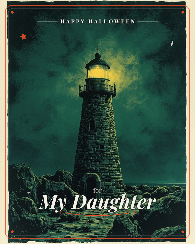 A stone lighthouse stands alone on a rocky shore beneath a swirling green night sky, its lantern room glowing warm gold against the surrounding gloom, a halloween e-card design