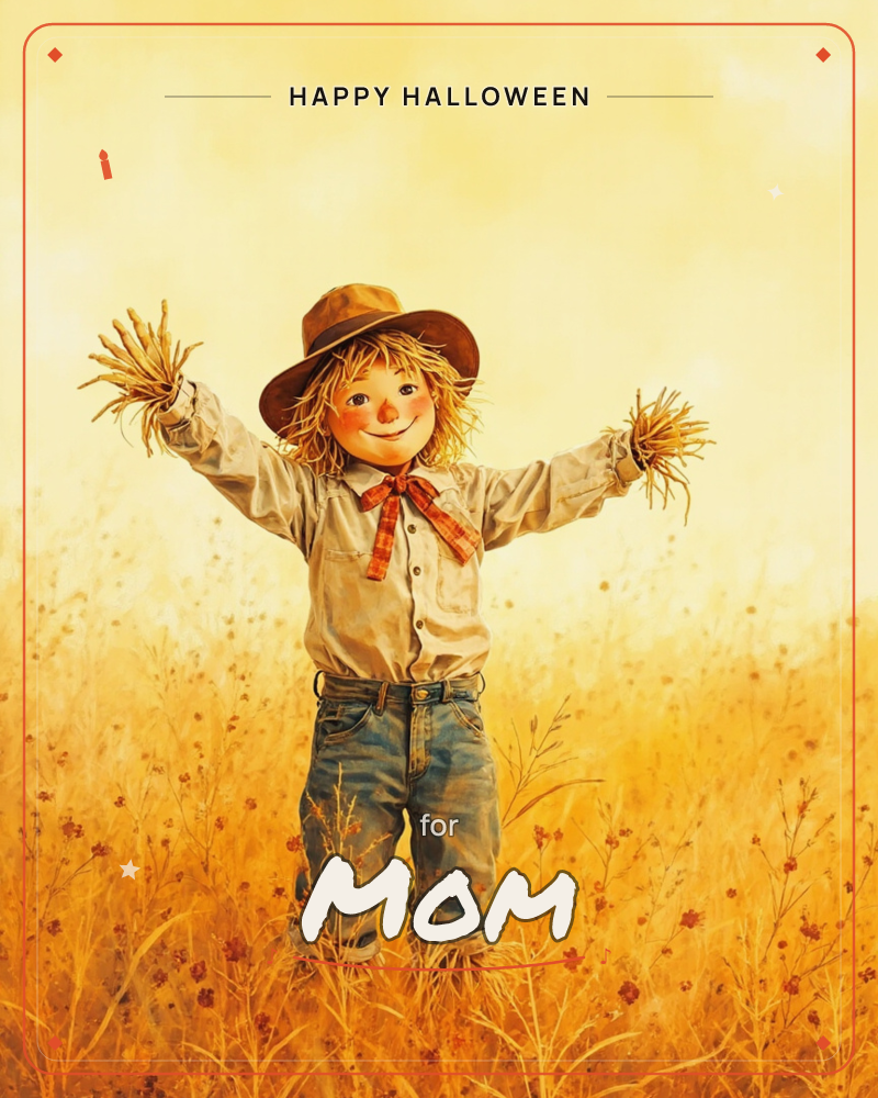 A cheerful scarecrow-boy stands in a golden field of tall grass and wildflowers, arms raised with straw spilling from his cuffs, a halloween e-card design