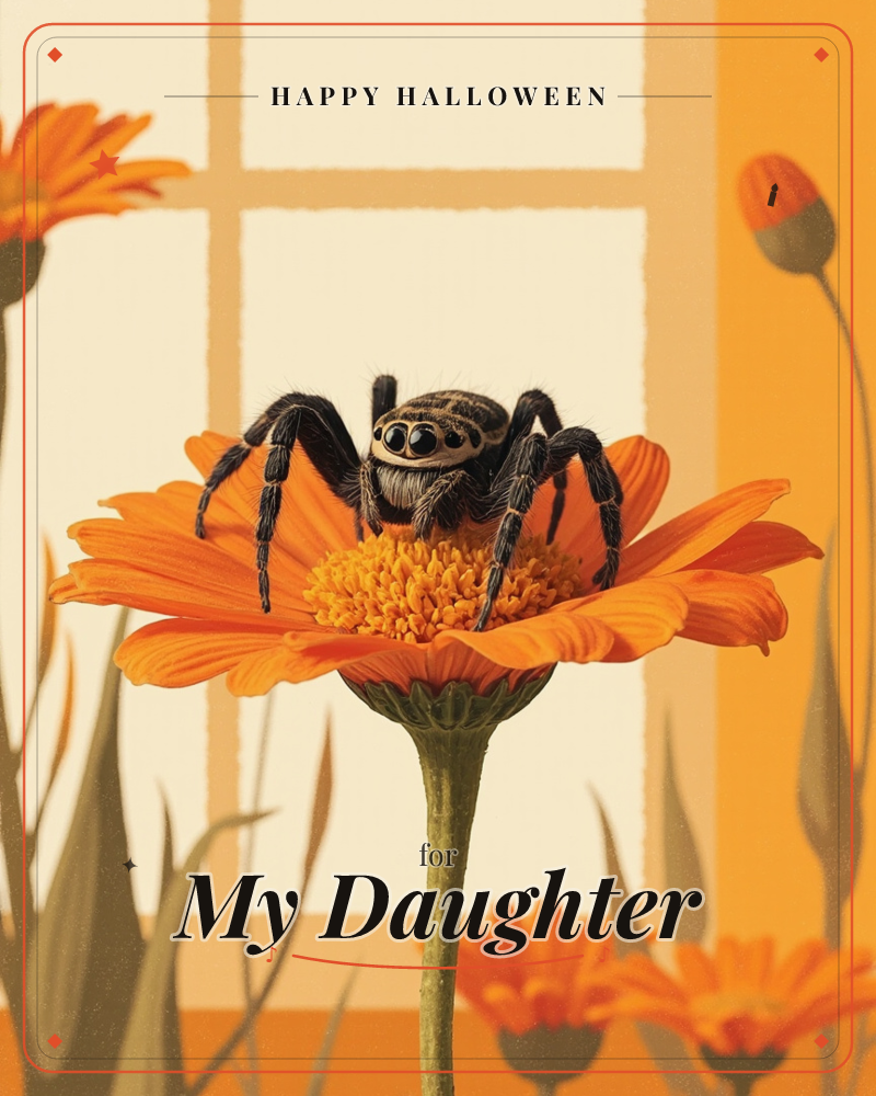 A furry jumping spider with big glassy eyes perches proudly atop an orange daisy, framed by a sunlit window and flat illustrated marigolds behind it, a halloween e-card design
