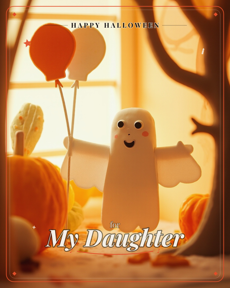 A cheerful little ghost with rosy cheeks and a wide smile floats between pumpkins, holding two balloons on sticks against a warm, golden window light, a halloween e-card design