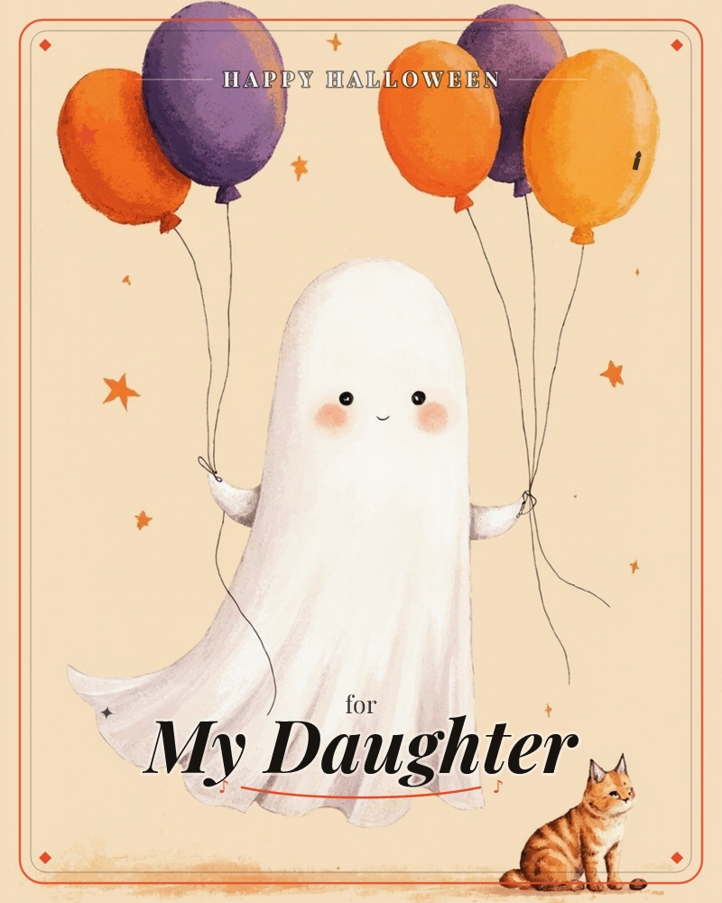 A round-cheeked cartoon ghost floats against a warm cream sky, holding two bunches of orange and purple balloons in its little sheet-hands, a halloween e-card design