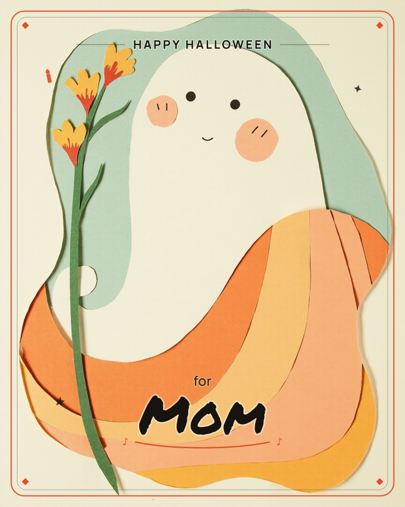 A paper-cut figure with a round, rosy-cheeked face and a simple smiling expression stands wrapped in a sage-green hood, its body flowing into layered…, a halloween e-card design