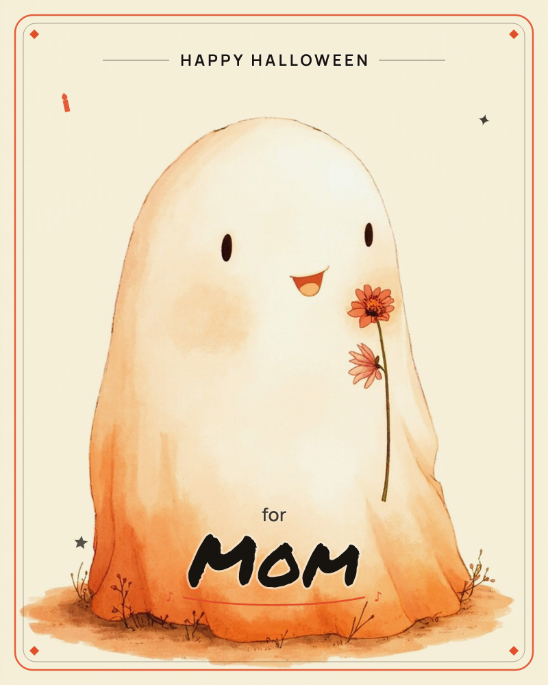 A round, blushing ghost with a shy open-mouthed smile stands in a patch of dry grass, holding a stem of two daisy-like flowers against its chest, a halloween e-card design