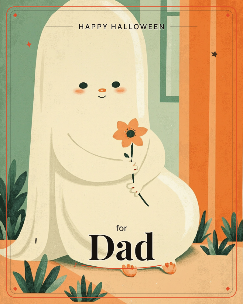 A round, friendly little ghost sits cross-legged on a warm terracotta floor, holding out a single orange flower with both stubby hands, a halloween e-card design
