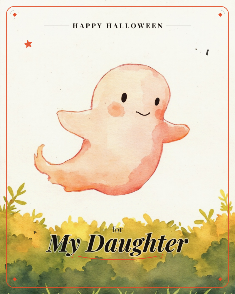 A small pink watercolour ghost with rosy cheeks and a happy smile drifts through the air above a hedge of yellow-green shrubs, a halloween e-card design