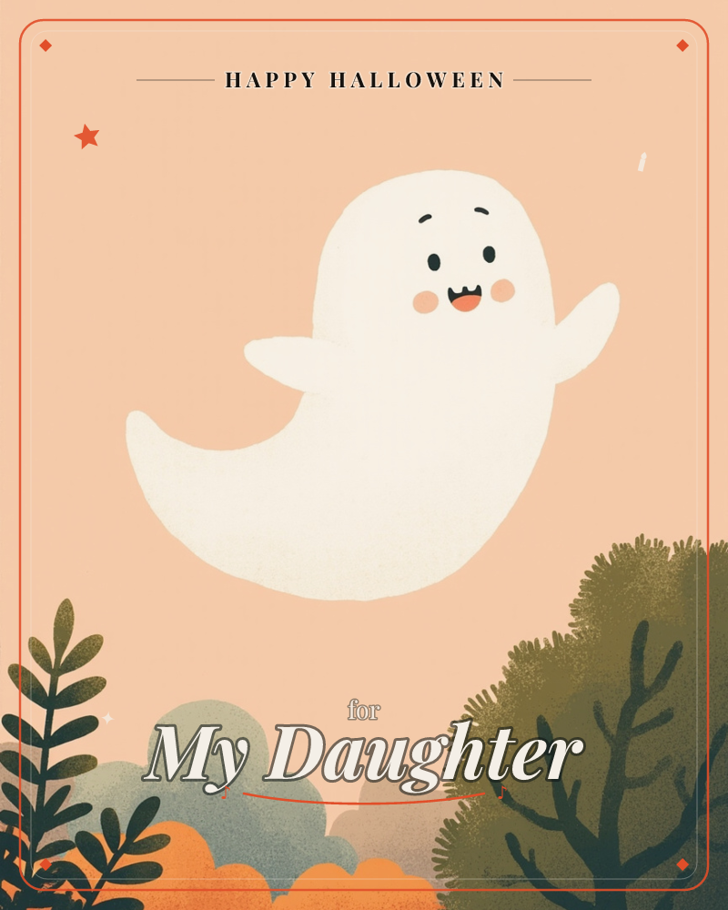 A cheerful little ghost with rosy cheeks floats against a soft peach sky, arms outstretched as if mid-giggle, a halloween e-card design