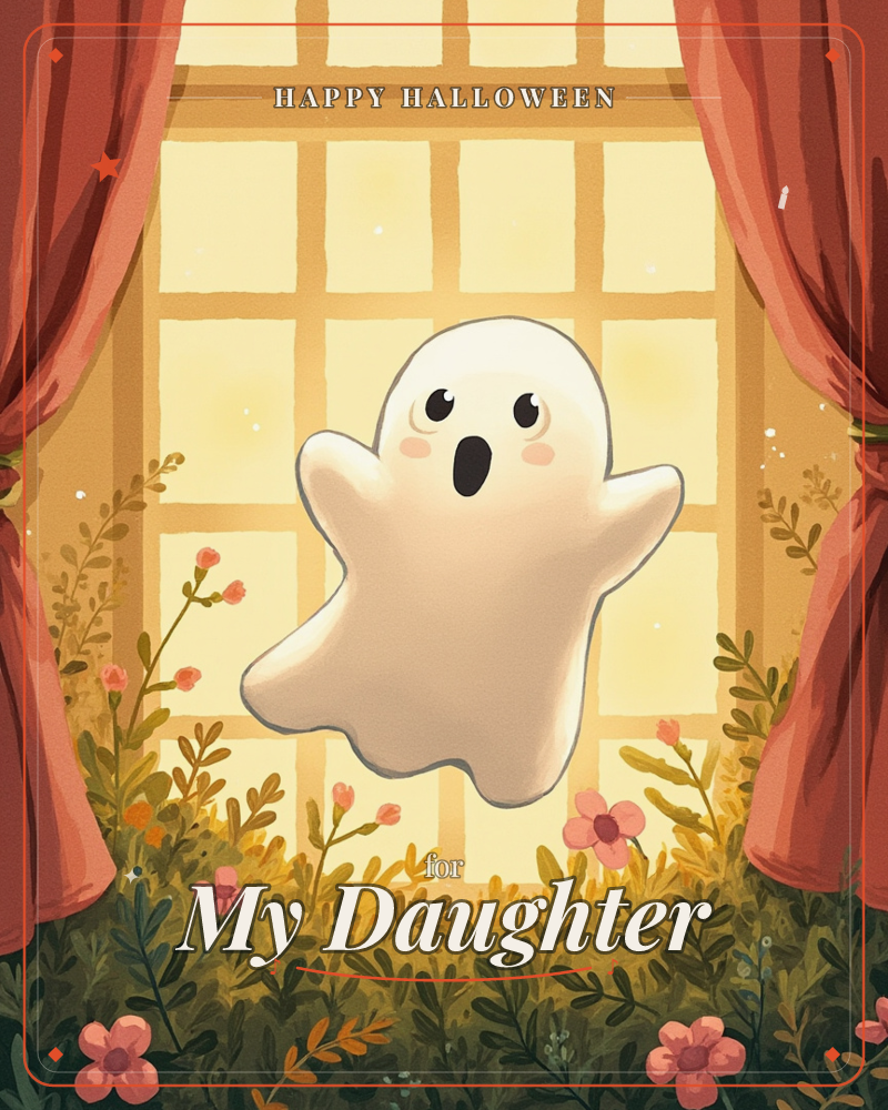A small round-eyed ghost with a surprised expression floats before a glowing paned window, framed by heavy rust-red curtains, a halloween e-card design
