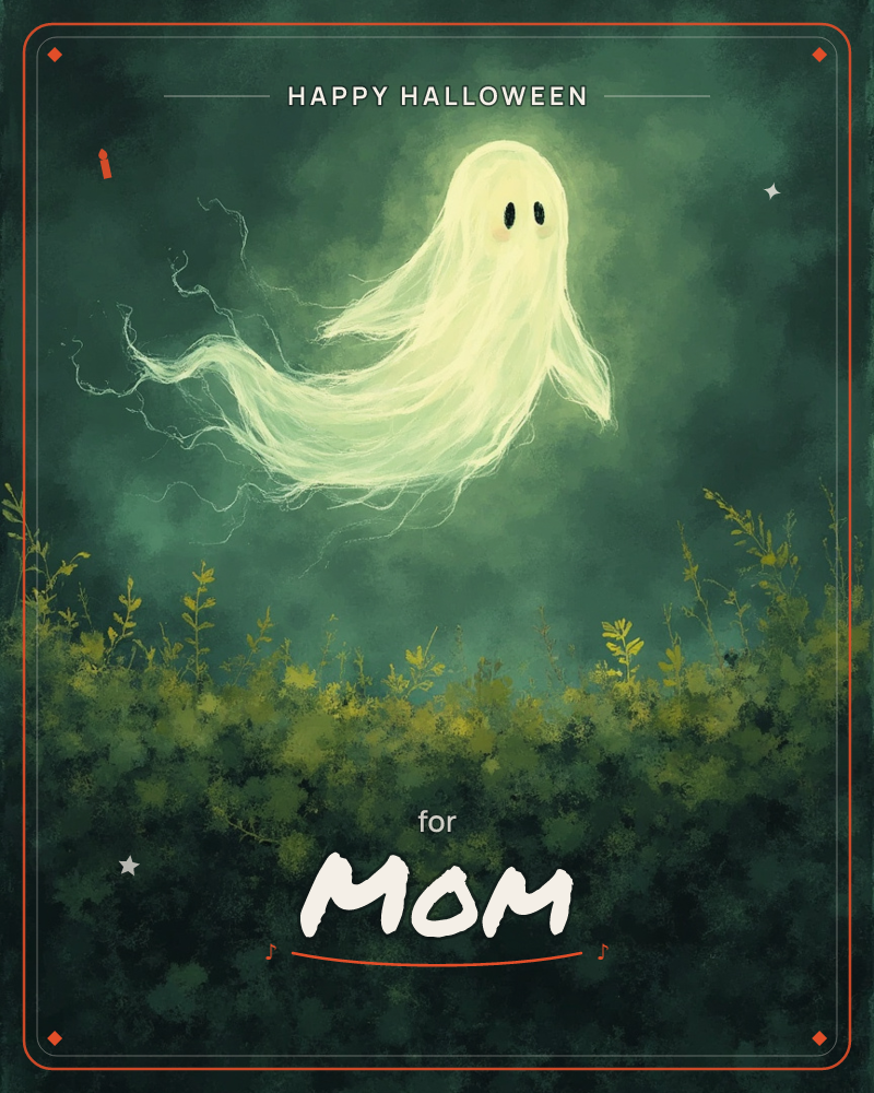 A pale, wispy ghost with trailing tendrils drifts above a hazy field of dark green shrubs and glowing mustard-yellow wildflowers, a halloween e-card design