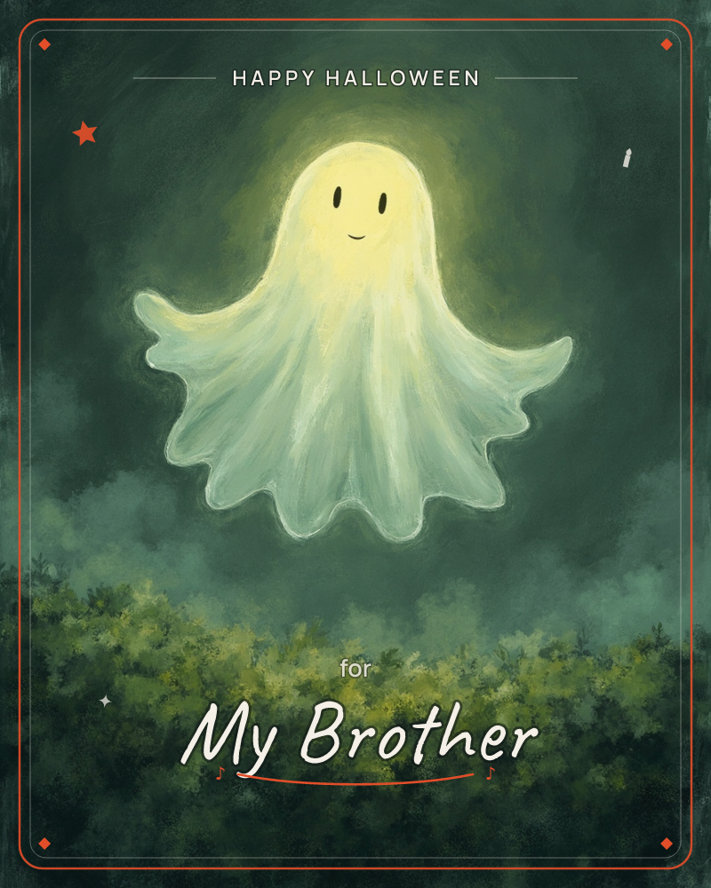 A friendly little ghost glows pale yellow-white against a deep mossy-green night, its wispy sheet drifting above a hazy hedge of dark foliage, a halloween e-card design