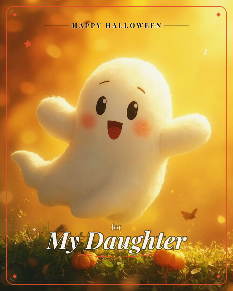 A fluffy, plush-looking ghost with rosy cheeks and a big grinning smile floats above a grassy patch dotted with small pumpkins, a halloween e-card design