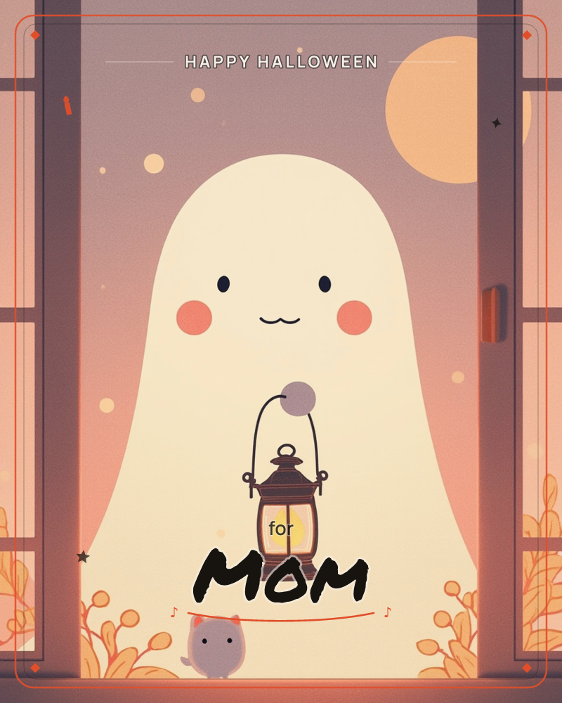 A round, blushing-cheeked ghost stands framed in an open doorway, holding a small glowing lantern, with a tiny cat-like creature at its feet, a halloween e-card design