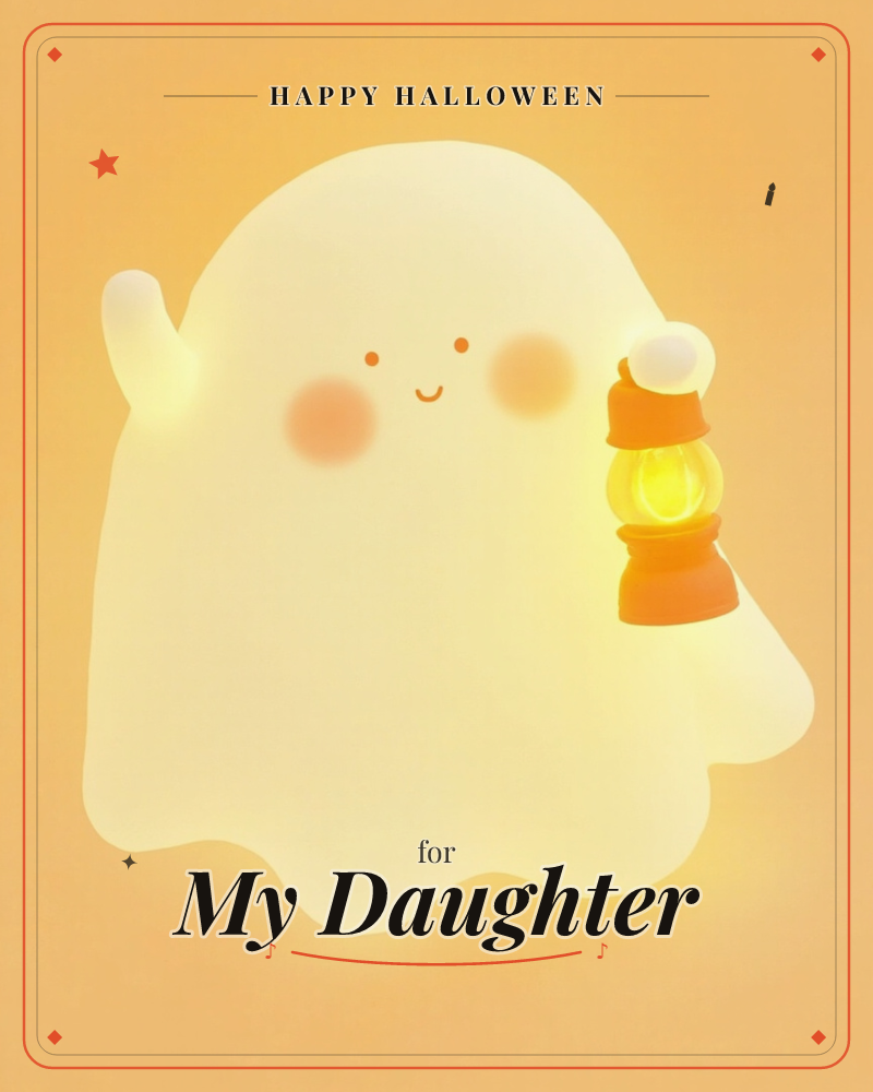 A round, glowing ghost with a sleepy smile and blushing cheeks waves one hand while holding a little lantern topped with a knitted cap, a halloween e-card design