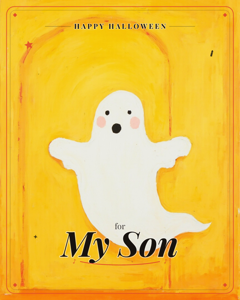 A single round-cheeked ghost floats inside a painted archway, arms spread wide against layers of golden yellow and orange, a halloween e-card design