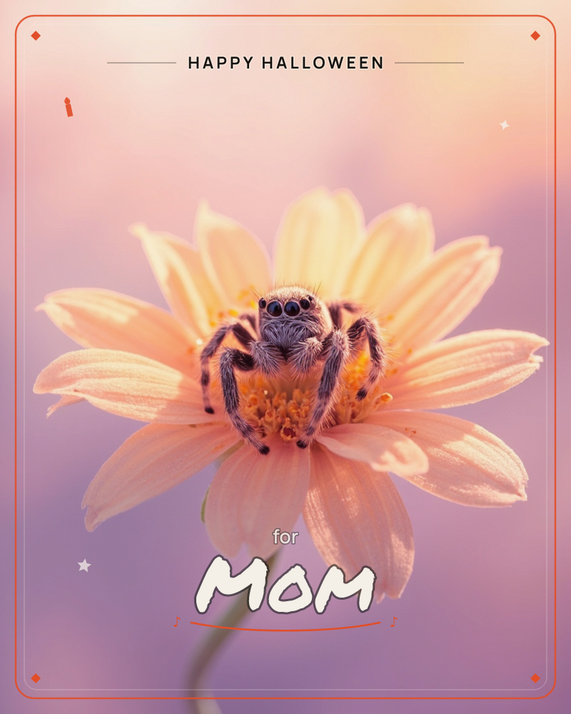 A fuzzy jumping spider perches squarely in the centre of a peach-pink daisy, its many eyes staring straight at the camera, a halloween e-card design