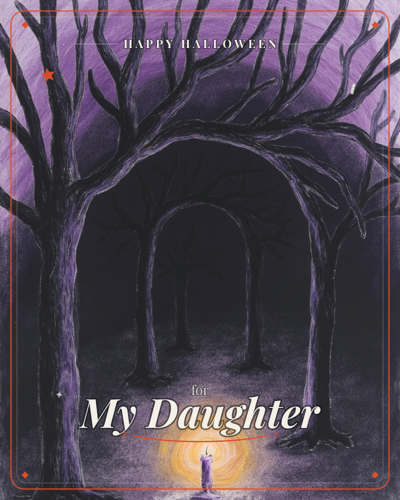 Bare trees arch together like a cathedral over a dark path, their branches forming a natural doorway against a glowing violet sky, a halloween e-card design