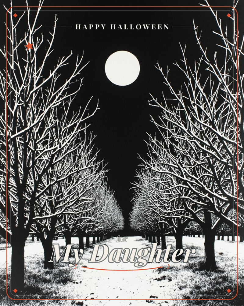 A stark black-and-white print shows a full moon hanging over a long avenue of bare winter trees, their branches frosted with snow and stretching into a…, a halloween e-card design