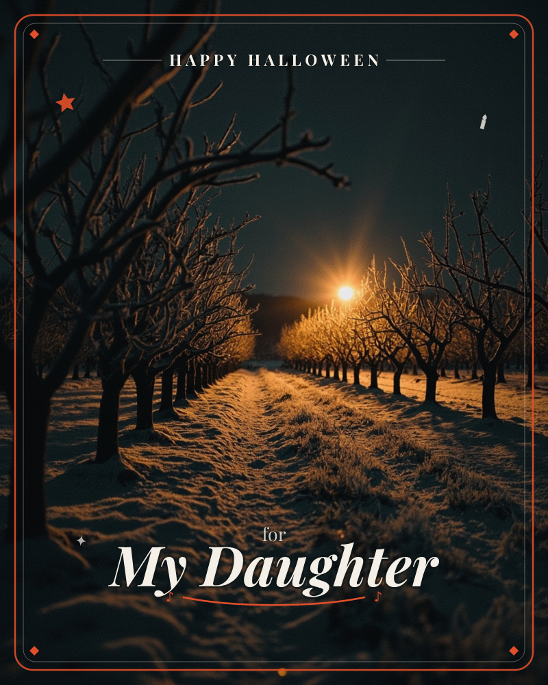 A frost-covered orchard path stretches between two rows of bare trees, lit by a low golden sun flaring at the vanishing point, a halloween e-card design