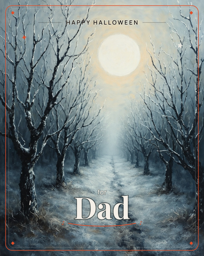 A large pale moon glows above a bare avenue of winter trees, its light spilling down a frosted path that vanishes into misty distance, a halloween e-card design