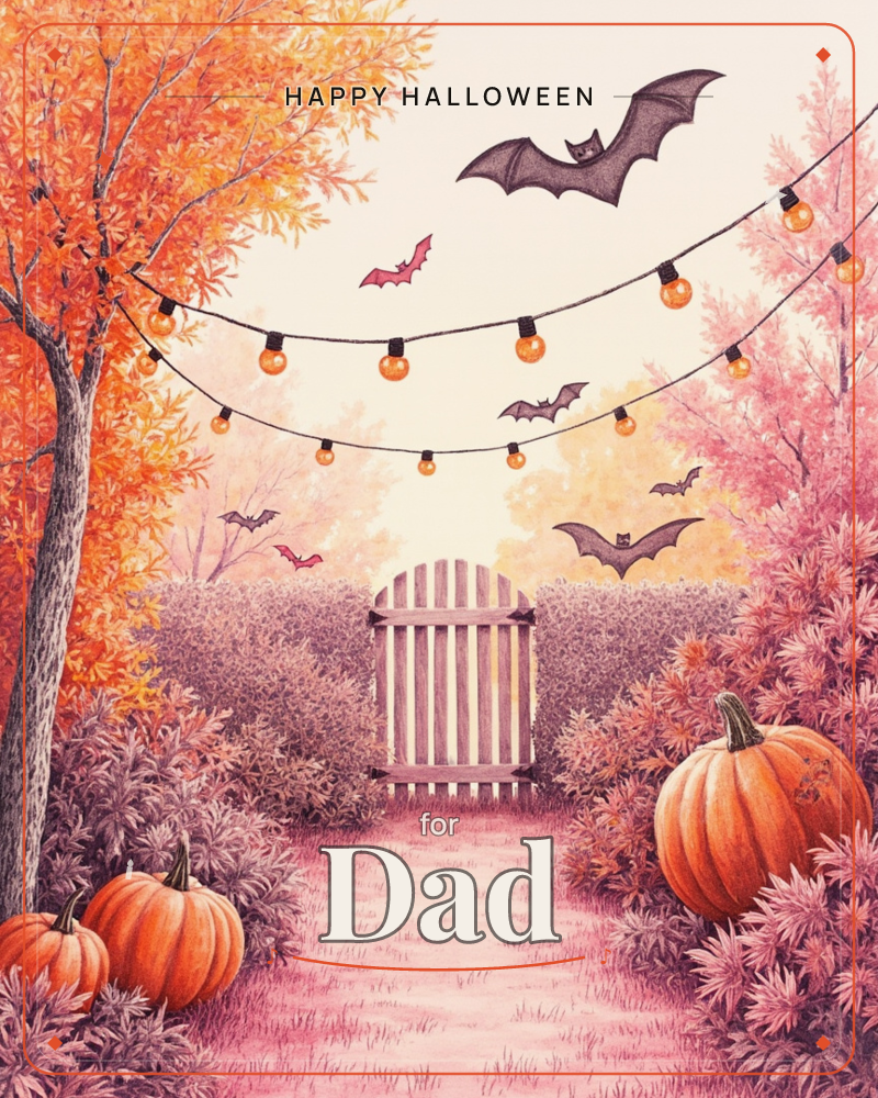 A garden path in autumn leads toward a wooden picket gate, framed by orange and pink foliage and flanked by plump pumpkins, a halloween e-card design