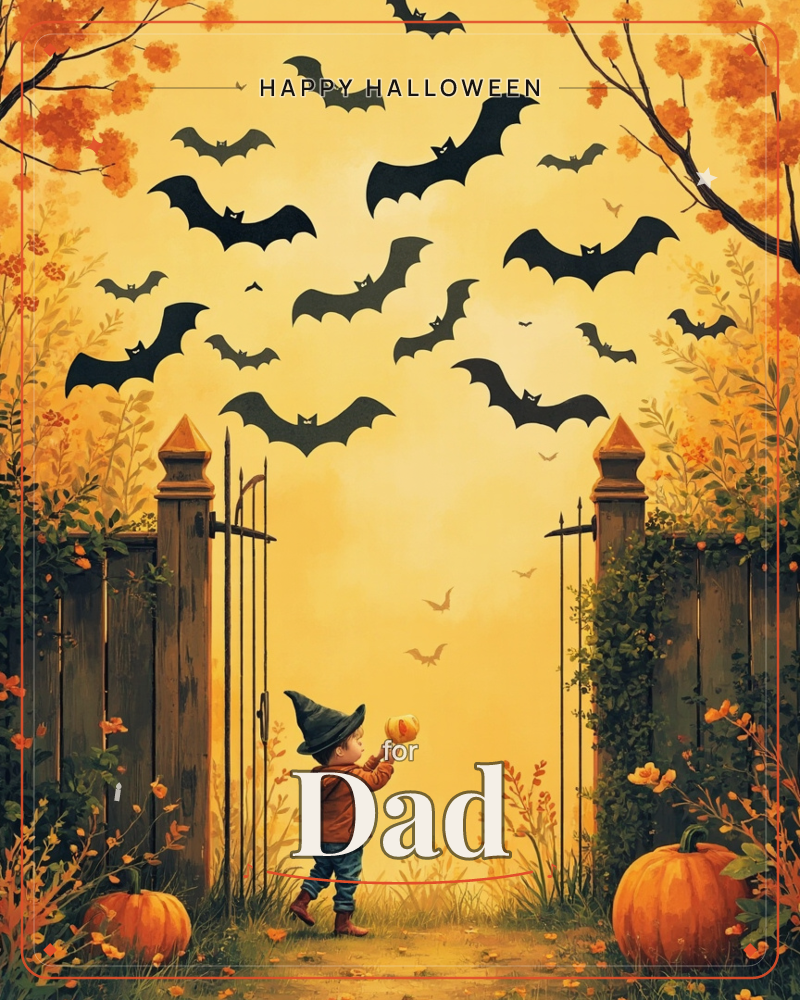 A small child in a witch's hat stands at an open wooden gate holding up a little pumpkin, watching a flock of black bats swirl into a glowing amber sky, a halloween e-card design
