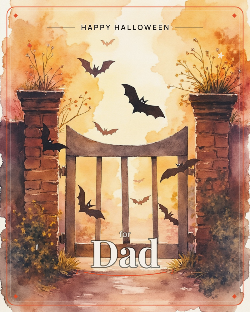 A weathered wooden gate stands open between two brick pillars topped with dried autumn grasses, framed by a glowing amber-and-gold sky, a halloween e-card design