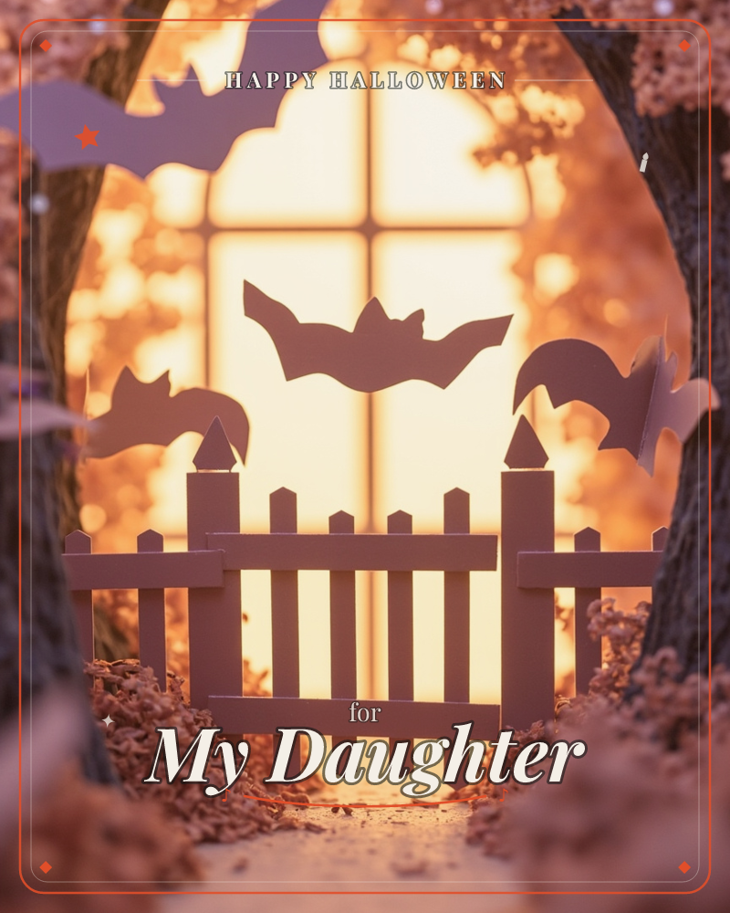 A paper-craft picket gate stands open at the end of a path scattered with tiny orange leaves, framed by two arching tree trunks, a halloween e-card design
