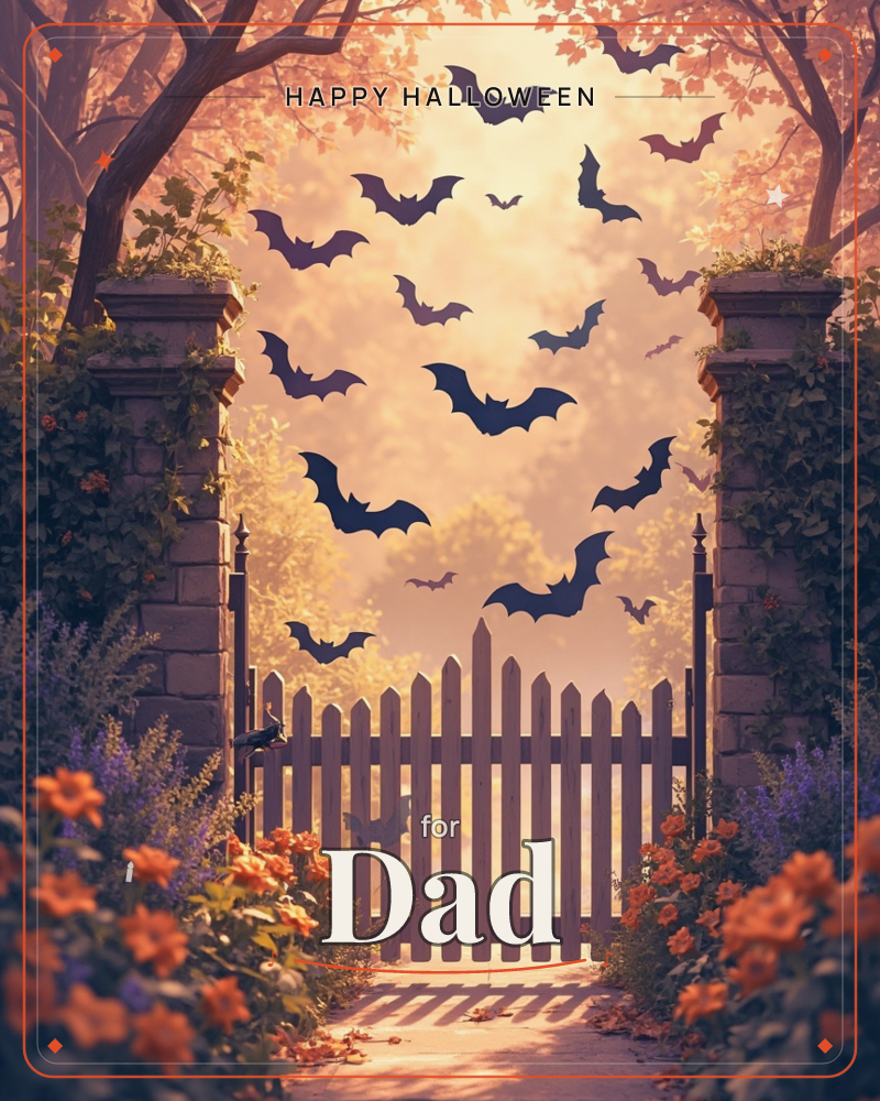 A wooden picket gate stands open between stone pillars draped in ivy, framed by autumn trees glowing gold in the misty light, a halloween e-card design