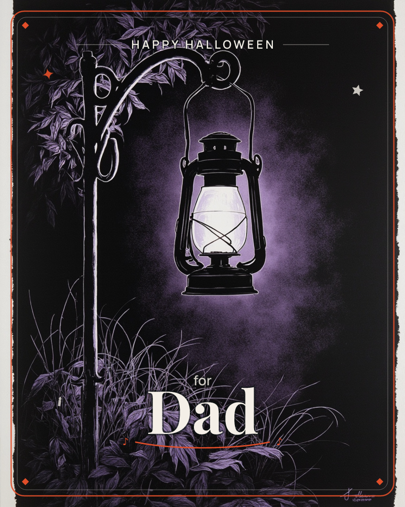A vintage lantern hangs glowing from a curled iron hook, its white light pushing back a deep purple night, a halloween e-card design