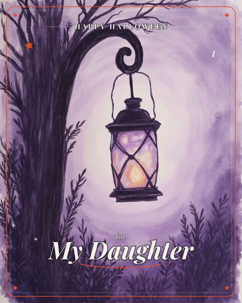 A dark iron lantern hangs from a curled bracket on a bare tree, its glass panes glowing amber against a swirling purple twilight, a halloween e-card design