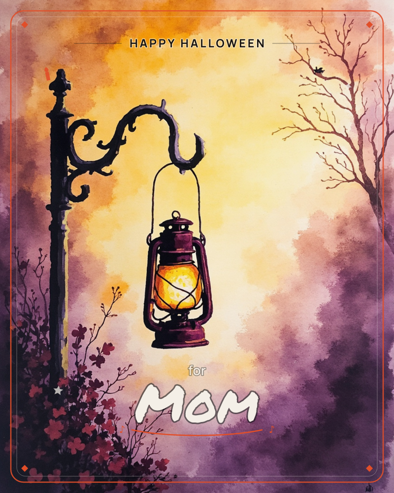 An old-fashioned lantern hangs glowing from the scrolled arm of a wrought-iron post, its warm amber light spilling into a hazy purple-and-gold sky, a halloween e-card design