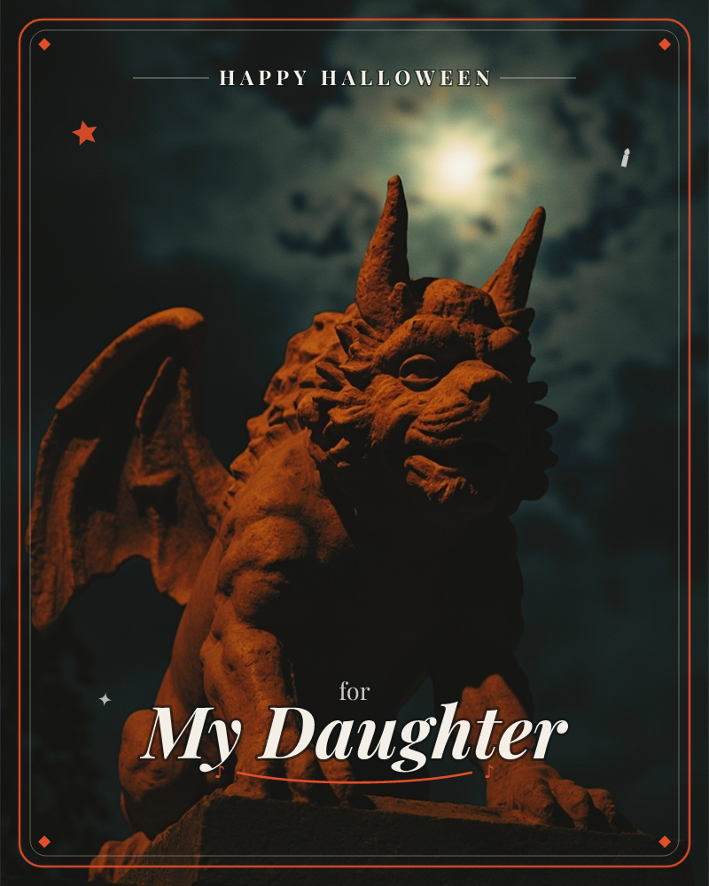 A stone gargoyle crouches on its pedestal, horns and folded wing silhouetted against a cloud-veiled full moon, a halloween e-card design